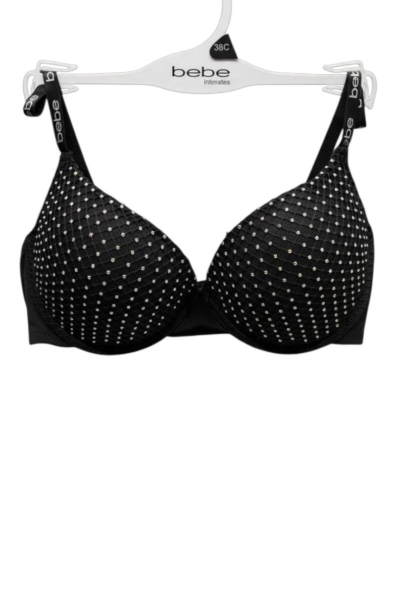 Black bra with rhinestone details on a white background