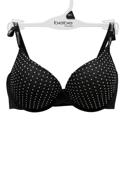Black bra with rhinestone details on a white background