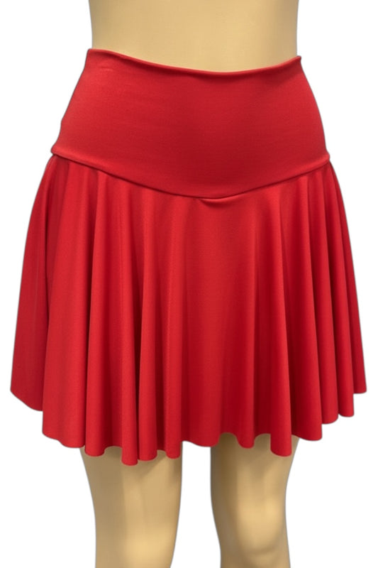 Red skirt worn by a mannequin on a white background