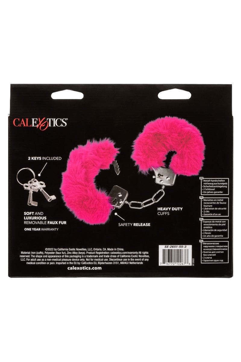 Pink feathered handcuffs on a Calexotics branded packaging with product details.
