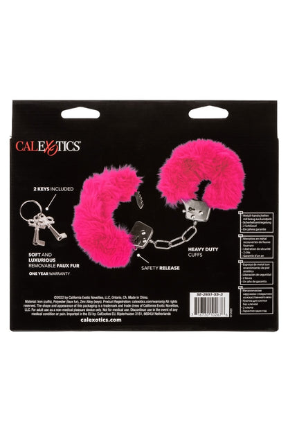 Pink feathered handcuffs on a Calexotics branded packaging with product details.