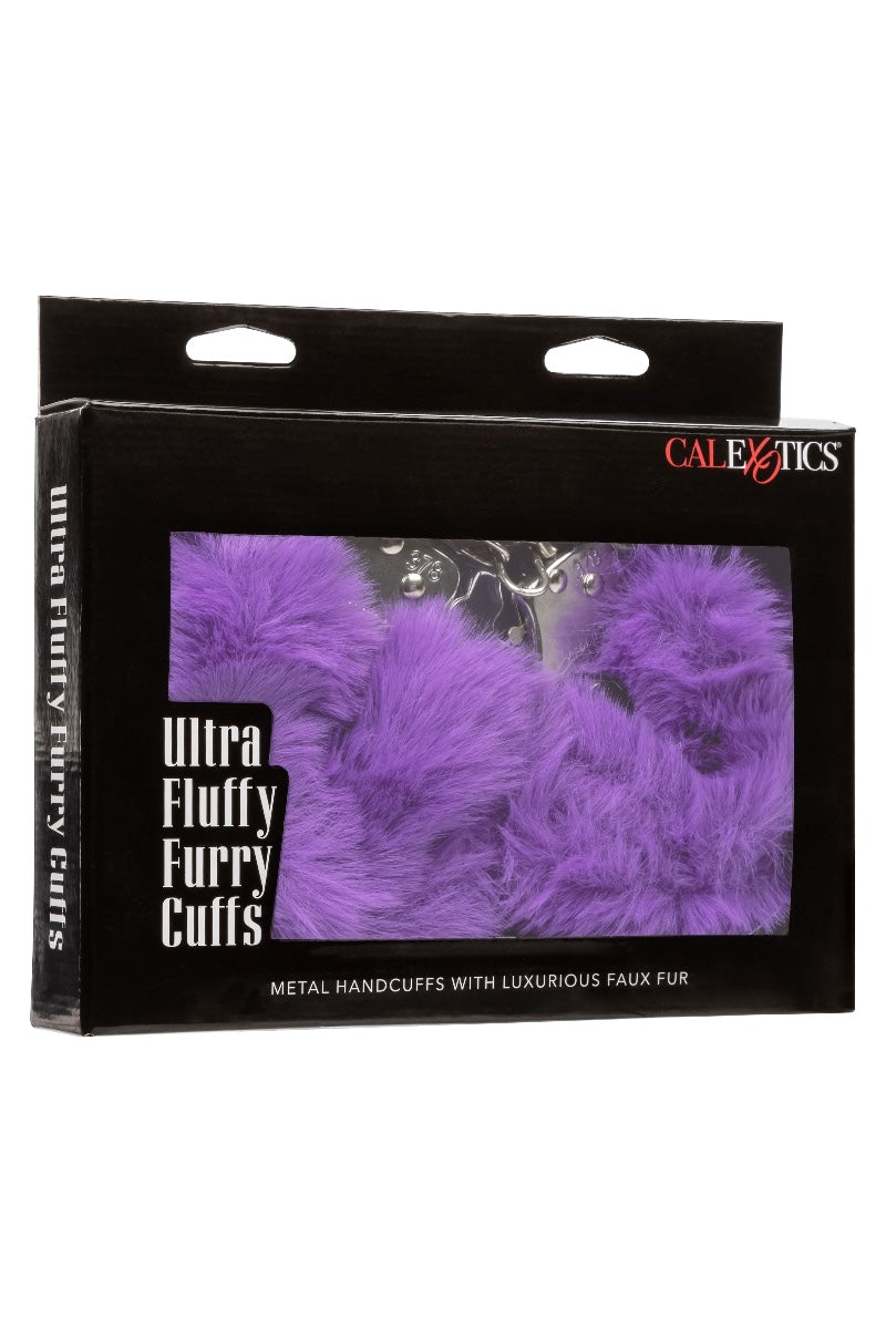 Box of Ultra Fluffy Furry Cuffs with purple fur and 'CalExotics' branding on a white background.
