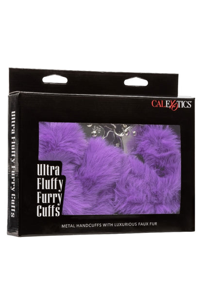 Box of Ultra Fluffy Furry Cuffs with purple fur and 'CalExotics' branding on a white background.