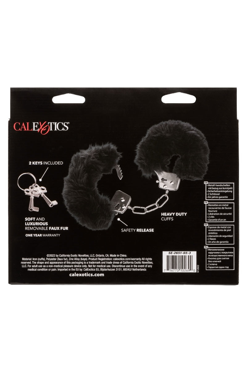 Product packaging for Calexotics with black faux fur items and keychain on a black background.