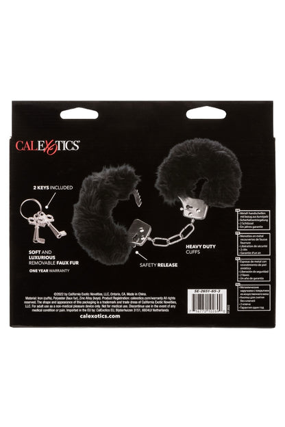 Product packaging for Calexotics with black faux fur items and keychain on a black background.