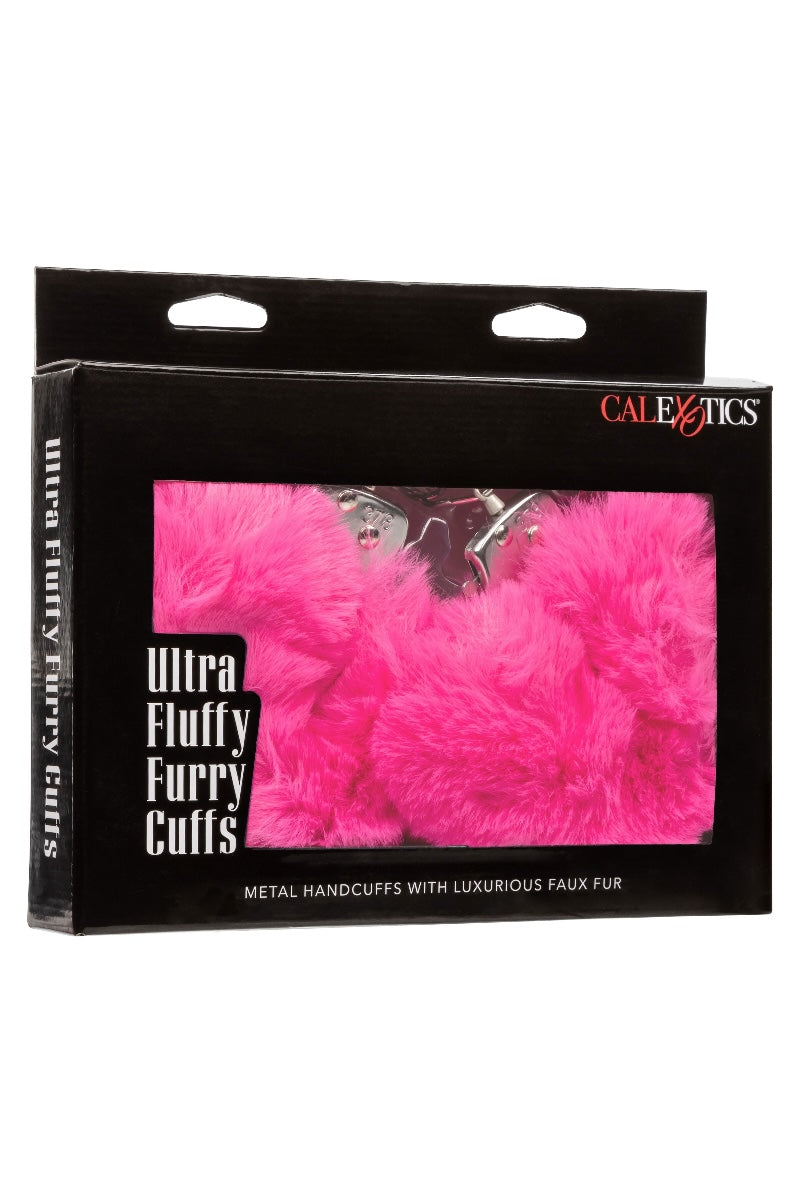Box of Ultra Fluffy Furry Cuffs with pink fur and black packaging on a white background
