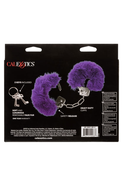 Purple furry handcuffs with keys on Calexotics packaging