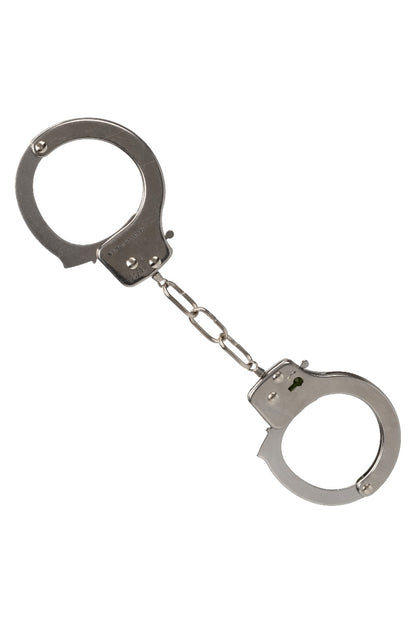Metallic handcuffs on a white background