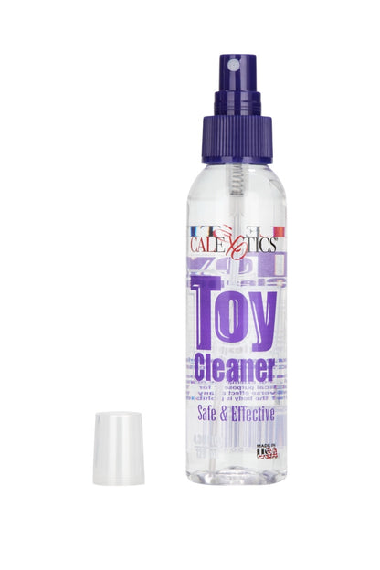 Toy cleaner bottle with purple cap and label on a white background