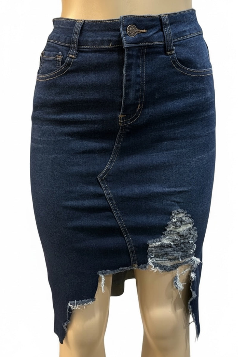 Blue denim skirt with distressed details on a white background
