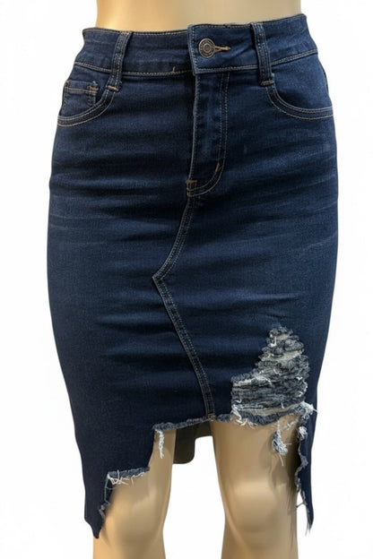 Blue denim skirt with distressed details on a white background