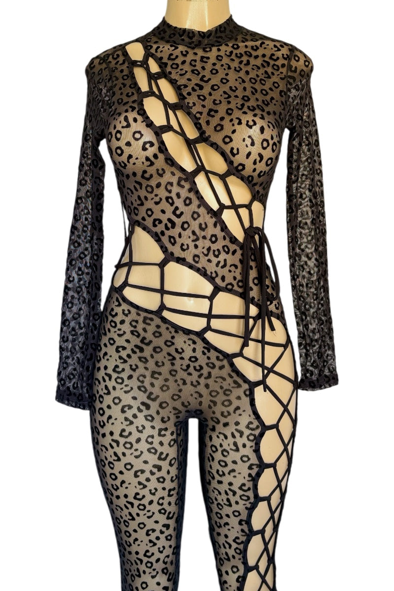 Leopard print bodysuit with mesh panels on a white background