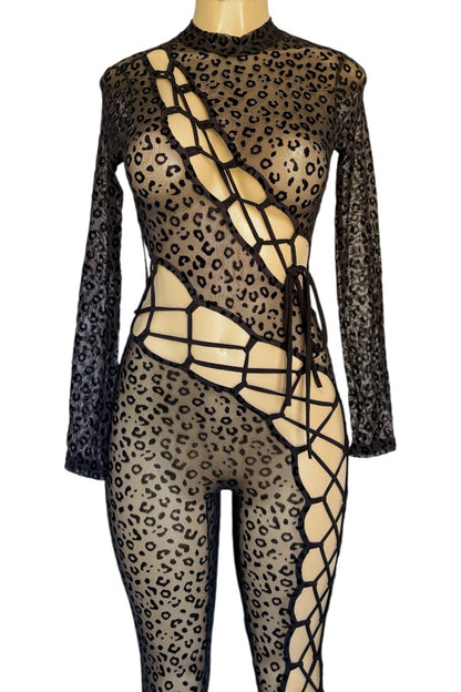 Leopard print bodysuit with mesh panels on a white background