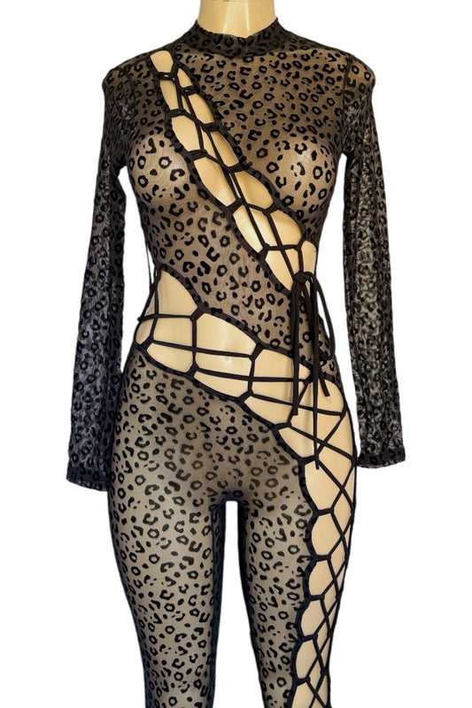 Leopard print bodysuit with mesh panels on a white background
