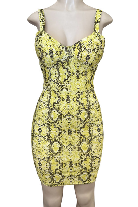 Yellow snake print dress on a mannequin against a white background