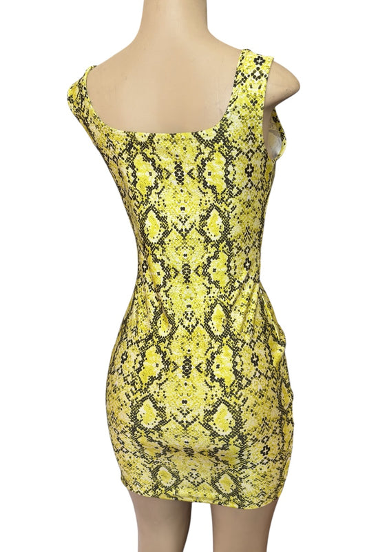 Yellow snake print dress on a mannequin against a white background