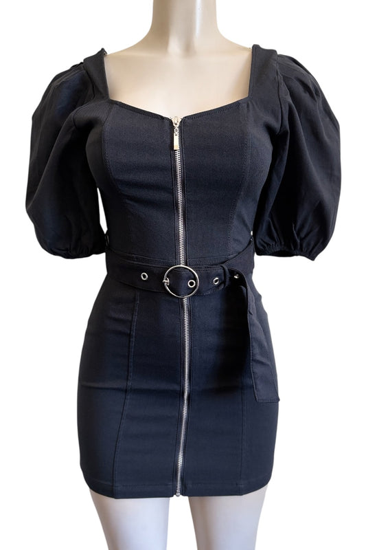Black dress with puff sleeves on a mannequin against a white background
