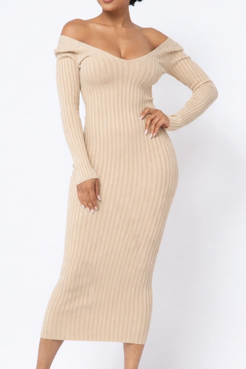 Beige ribbed dress with long sleeves on a white background