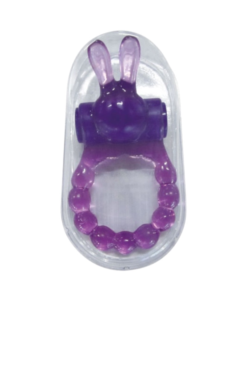 Purple rabbit-shaped object in a clear plastic case on a white background
