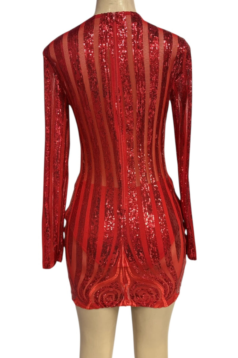 Red sequin dress on a mannequin against a white background