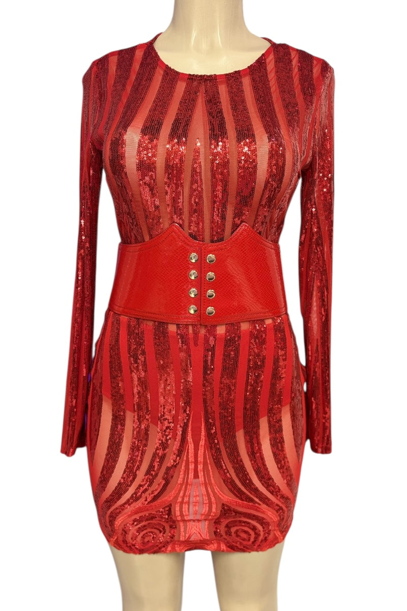 Red sequin dress with long sleeves on a mannequin against a white background