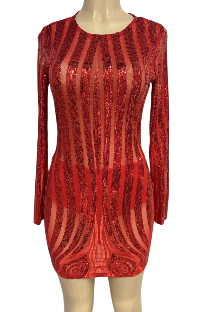 Red patterned dress on a mannequin against a white background