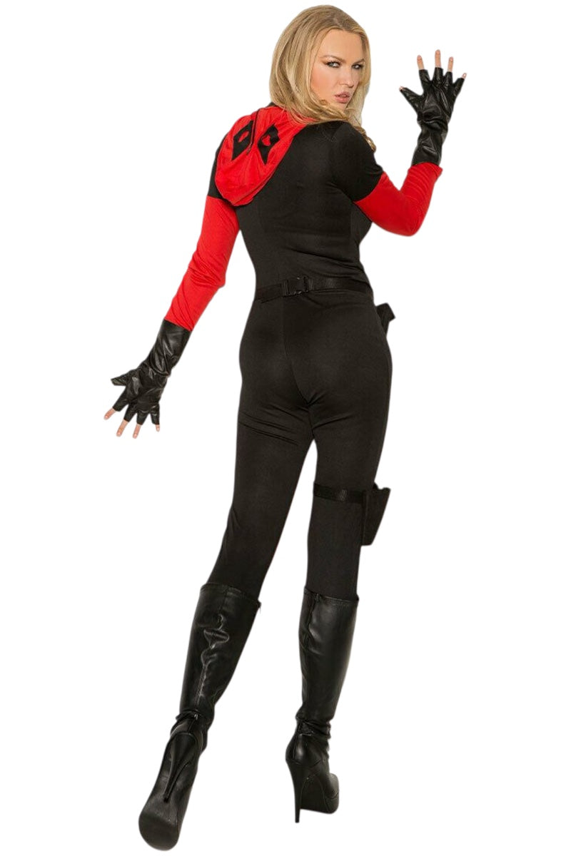 Person wearing a black and red costume with gloves and boots on a white background