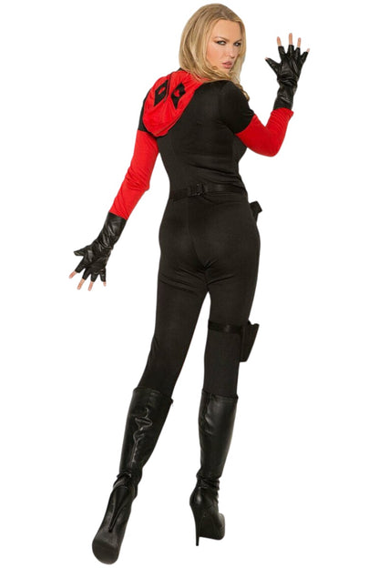 Person wearing a black and red costume with gloves and boots on a white background