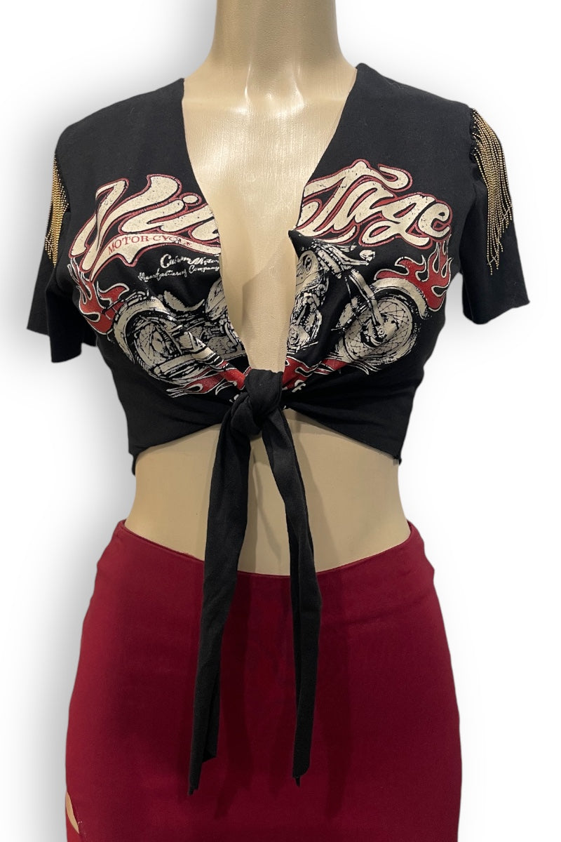 Vintage Chain Self Tie Graphic Crop Top