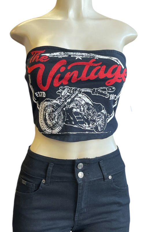 Vintage Graphic Tube Top with Lace Up Back