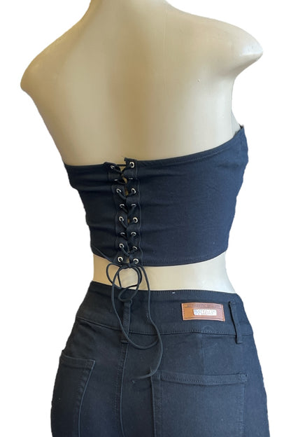 Vintage Graphic Tube Top with Lace Up Back