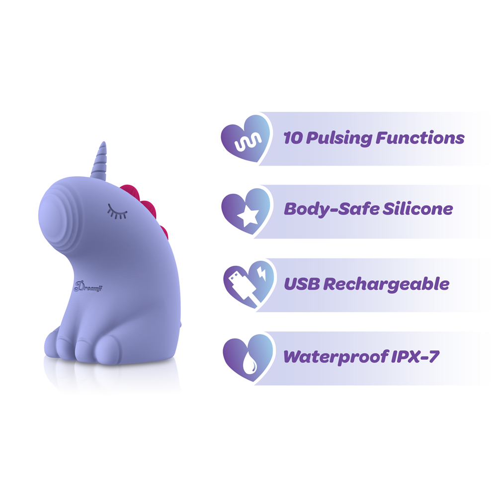 Purple unicorn-shaped toy with features listed on a white background
