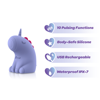 Purple unicorn-shaped toy with features listed on a white background
