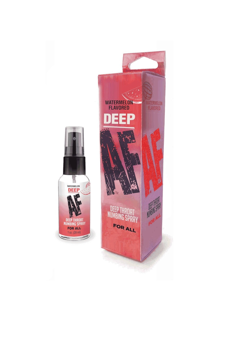 A bottle of Deep AF Watermelon Flavored numbing Spray next to its pink and red packaging box on a white background.