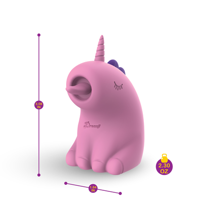 Pink unicorn-shaped toy with measurement indicators on a white background