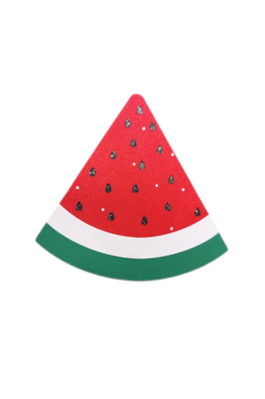 Watermelon-themed pasties with red top, green bottom, and black seeds on a white background