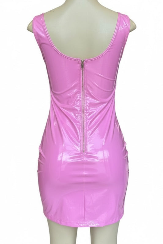 Pink dress with a zipper on a mannequin against a white background