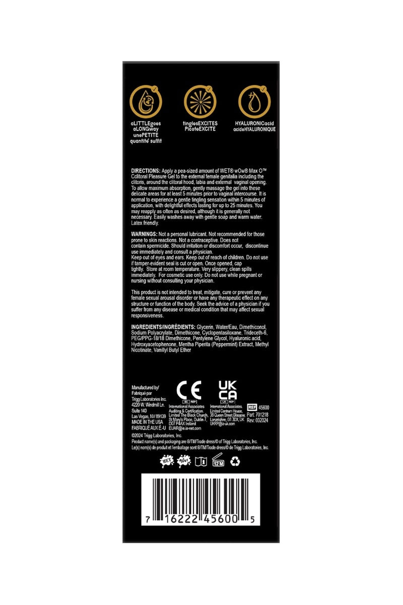 Back label of a product with text, symbols, and a barcode on a white background