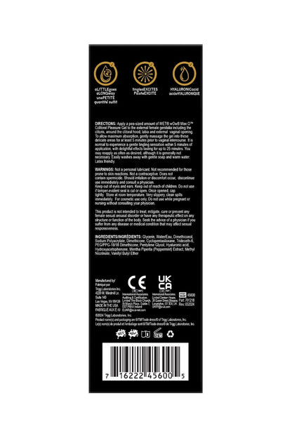 Back label of a product with text, symbols, and a barcode on a white background