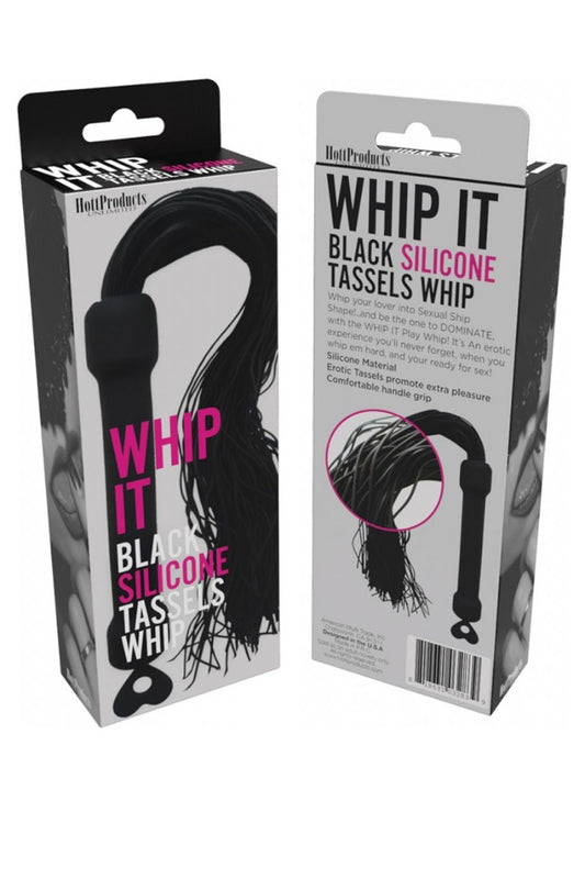 Two packaging boxes for a black silicone tassels whip with 'Whip It' branding.