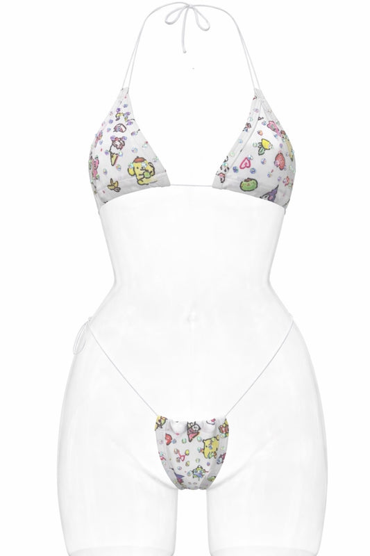 White bikini with colorful butterfly pattern on a white background