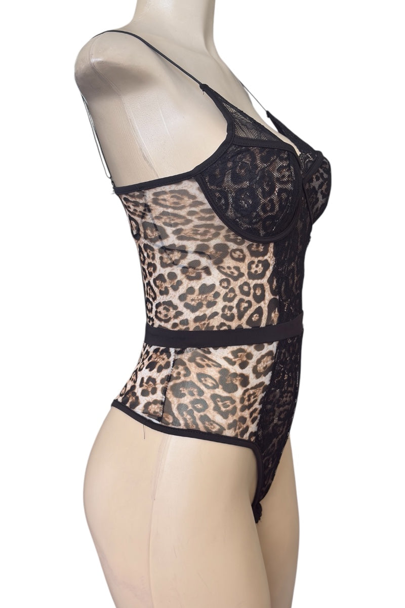 Leopard print bodysuit on a mannequin against a white background
