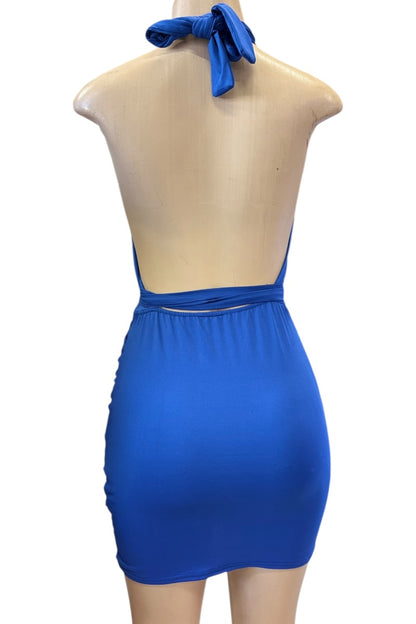 Blue dress on a mannequin with a white background