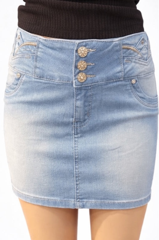 Light blue denim skirt with decorative buttons on a white background