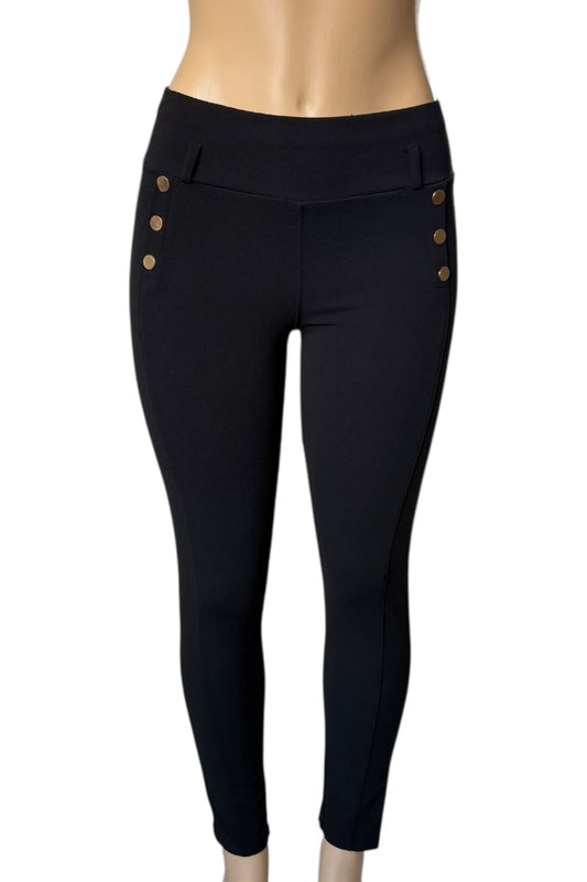 Black pants with button details on a white background