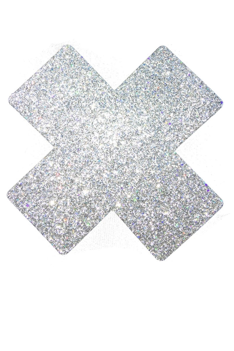 Silver glittery 'X' pasties on a white background