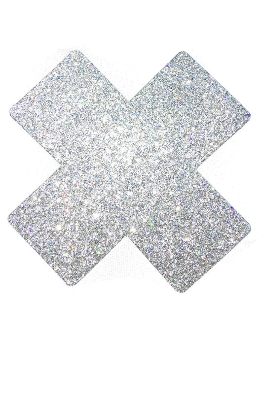 Silver glittery 'X' pasties on a white background
