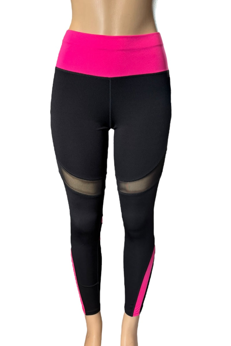 Black leggings with pink accents on a white background