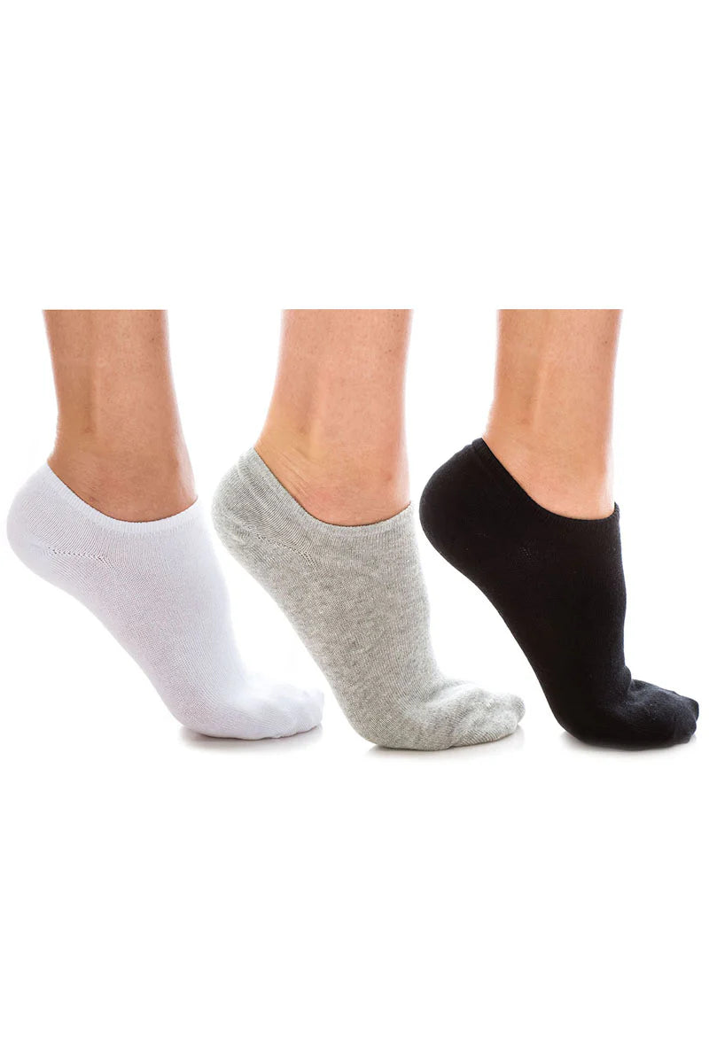Three pairs of socks in white, gray, and black on a white background