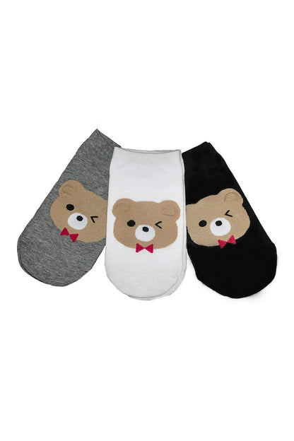 Three pairs of socks with bear face designs on a white background